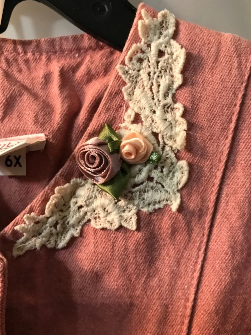 Vintage 90's Bella Bambina Pink Denim Girl's Dress w/Crocheted Lace Collar Sz 6x